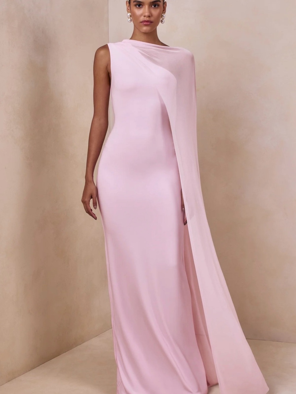 Elegant One-Shoulder Pale Pink Maxi Gown with Draped Cape Detail